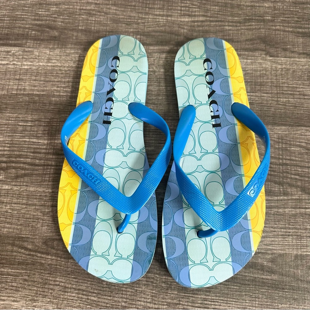 Coach Zak Signature Striped Flip Flop Sandals Women's Size 8 Blue Yellow